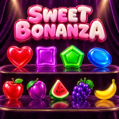 Sweet Bonanza yazısı altında şeker ve meyve sembolleri