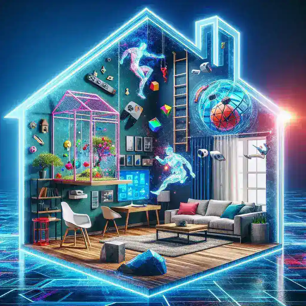 "Transformative home interiors showcasing virtual hologram walls for immersive play experiences, enhancing home entertainment and creativity."