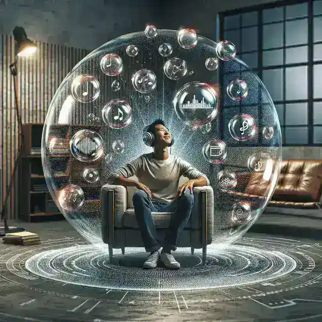 "Visual representation of revolutionary sound bubble technology demonstrating a person enjoying immersive private audio without headphones in a public setting."